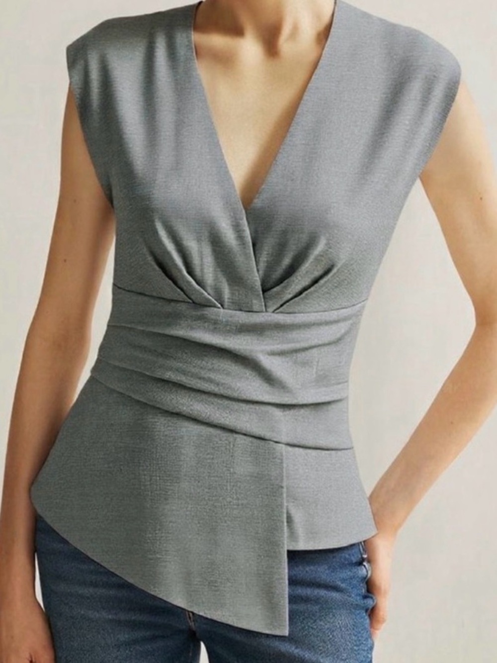 Commense Grey Asymmetric Draped V-Neck Sleeveless Blouse - Picture 2 of 4